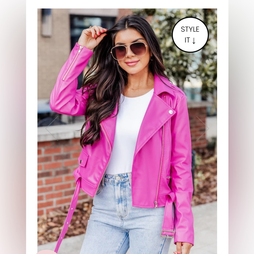 Faux leather pink moto jacket